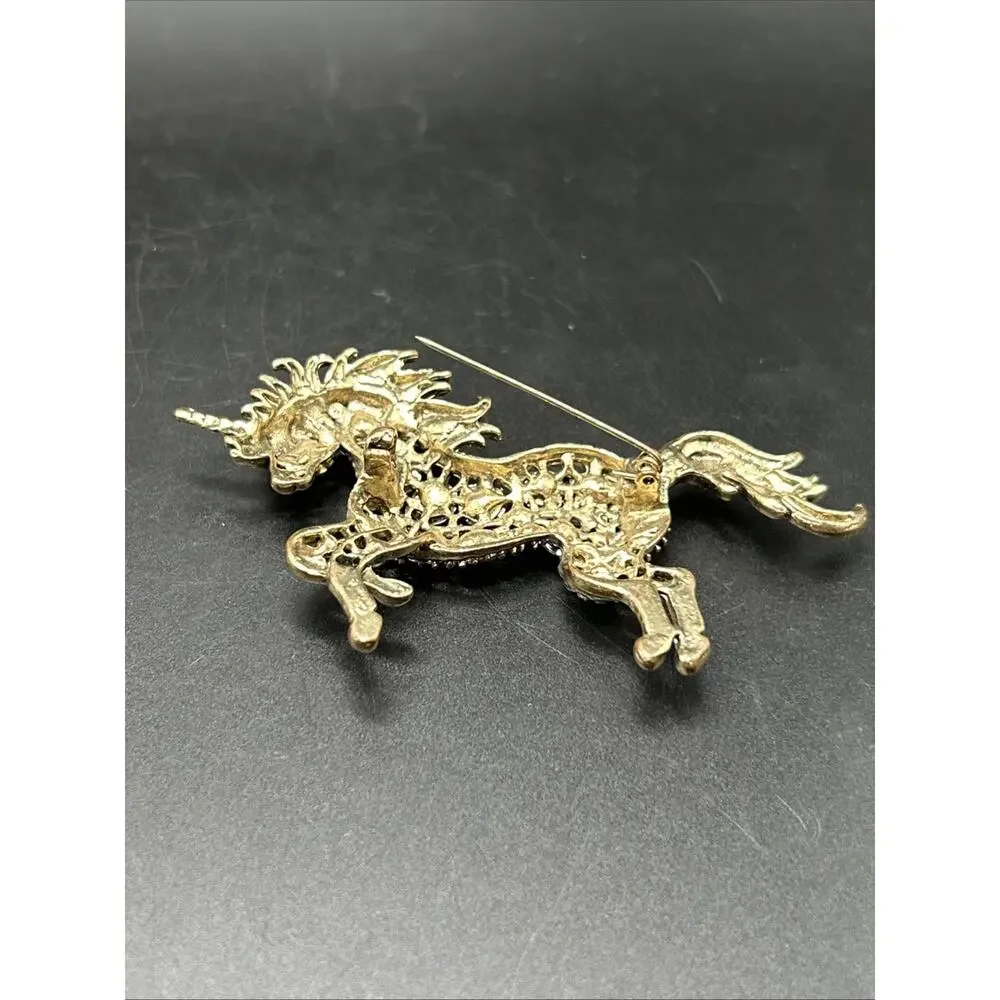 Big Modern Unicorn Pin Brooch Gold tone Blue Glass 3 1/2”